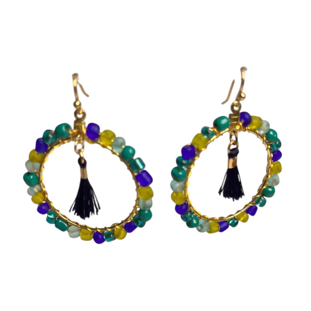Womens Dangle Round Earrings Gold Tone Teal Blue Green Round Fall beaded